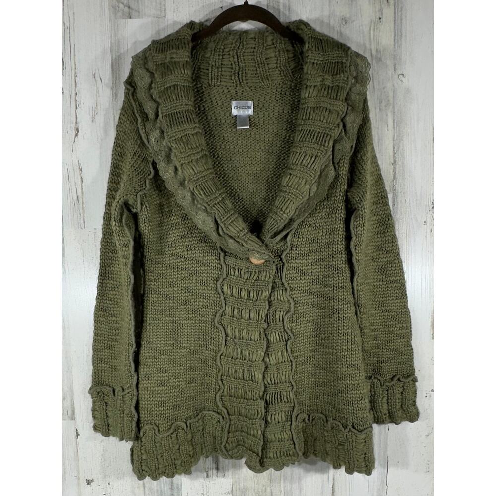 Chicos Cardigan Sweater Green Chunky Collar Lace‎ Wool Blend Size 0 Small